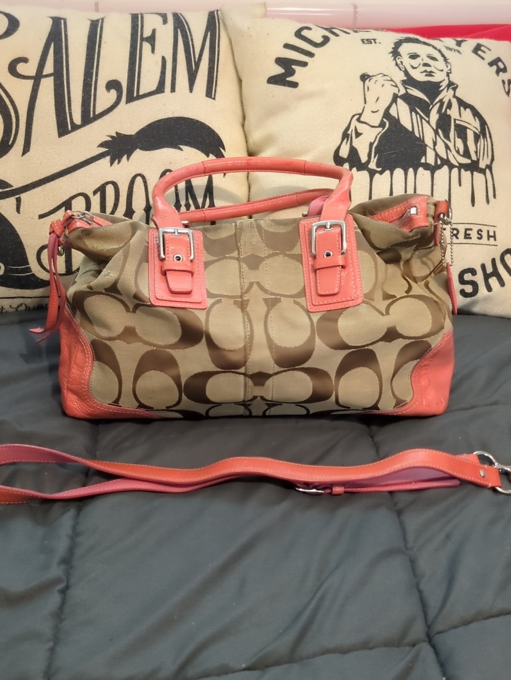 Coach Khaki Signature Canvas Satchel with Coral Trim
